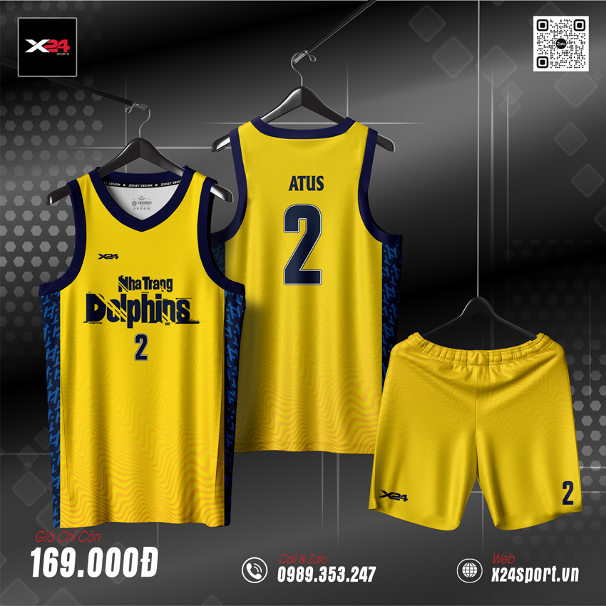 Đồng phục bóng rổ Nha Trang Dolphins vàng tươi phối xanh navy
