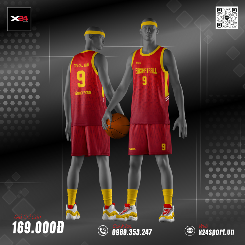 Đồng phục bóng rổ đỏ đô viền vàng cho đội nhóm thi đấu