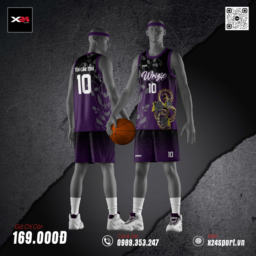Đồng phục bóng rổ tím than đen họa tiết rắn cá tính