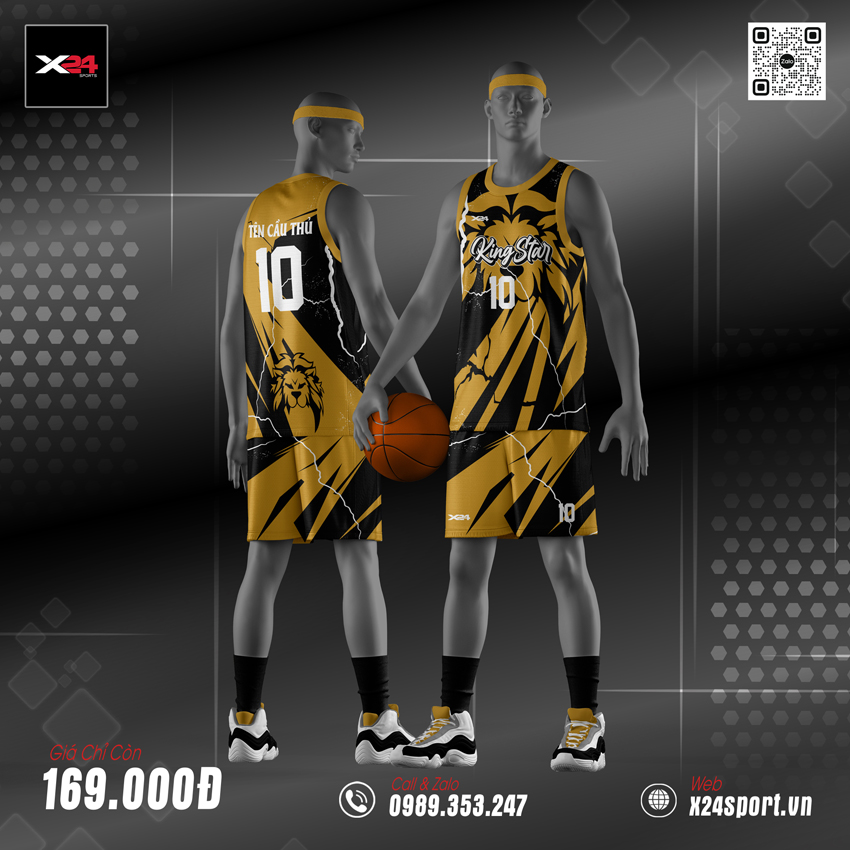 Áo bóng rổ học sinh cấp 1 màu đen vàng trắng năng động