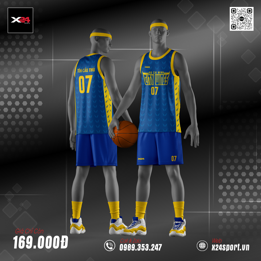 Bộ quần áo bóng rổ học sinh xanh dương đậm phối vàng chanh cho nam nữ cấp 2