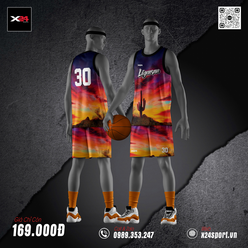 Áo bóng rổ hoàng hôn phong cách viễn Tây màu cam đỏ tím với số 30 nổi bật