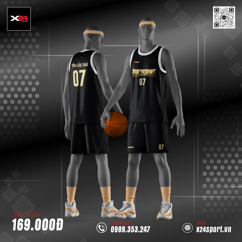Đồng phục bóng rổ màu đen in vàng ánh kim, thiết kế hiện đại