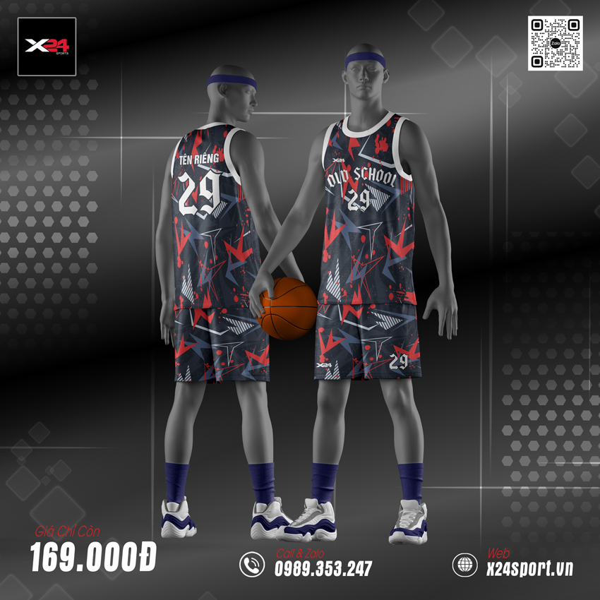 Bộ quần áo bóng rổ đen đỏ phối xám thiết kế cá tính, chất liệu thể thao thoáng mát