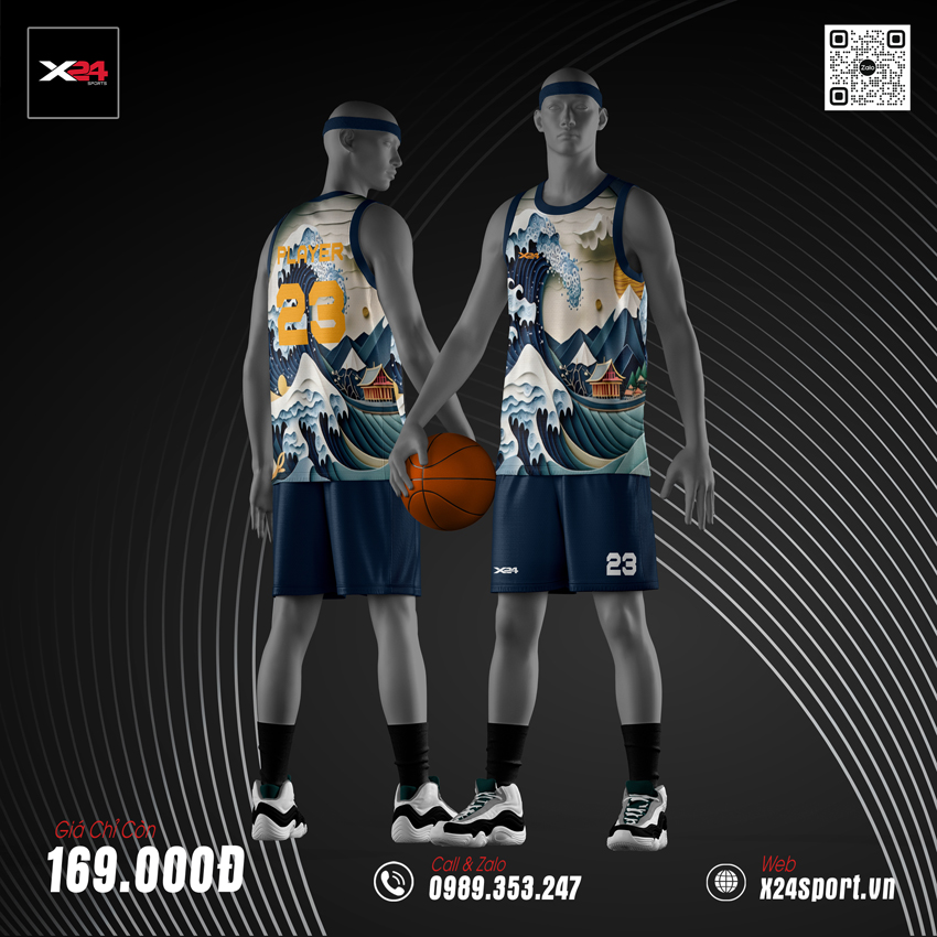 Áo bóng rổ nam X24 Sport màu xanh navy họa tiết sóng lớn Nhật Bản