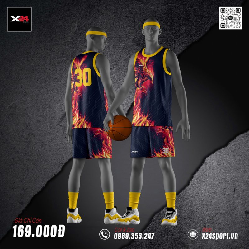 Bộ quần áo bóng rổ xanh navy năng động – họa tiết lửa nổi bật