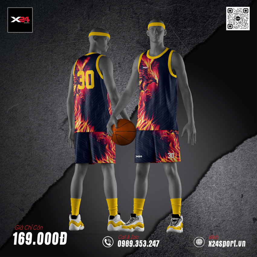 Bộ quần áo bóng rổ xanh navy họa tiết lửa năng động cá tính