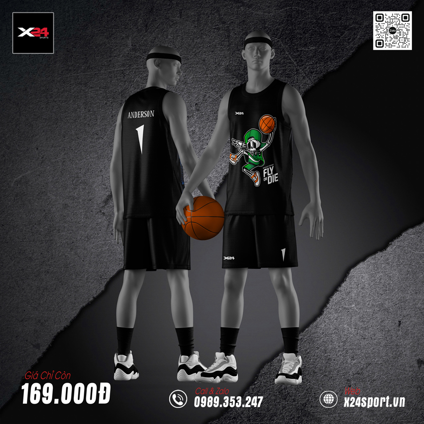 Bộ đồ thể thao màu đen in hình hoạt họa và slogan Fly or Die